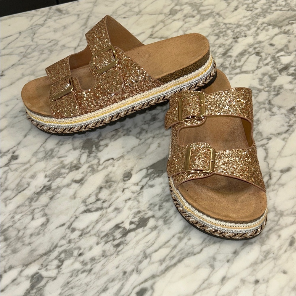 Women's Rose Gold Glitter Double-Buckle Platform Sandals